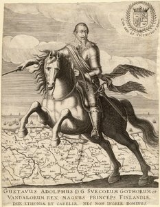 Gustave II Adolphe, dit le Grand ou le lion du Nord (1594-1632), İsveç kralı, Pomeranya haritasına biniyor - Gustavus Adolphus arka planda Pomeranya haritasından önce - Anonim - 1630 - Bakır gravür - 30,4x23, 9 - Özel koleksiyon by Anonymous Anonymous