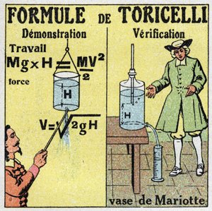 Hidrolik: Toricelli formülünün gösterilmesi ve doğrulanması. İtalyan fizikçi Evangelista Torricelli veya Toricelli (1608-1647), düşüşünün yüksekliği bilindiğinde bir sıvının akış hızını hesaplamak için bir formül verdi. Sağdaki vazo by Anonymous Anonymous