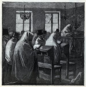 Yahudi bayramları: bayramlarda bir hitabet içinde dua sırasında fideler. 1892 tarihli “Le monde illustree”deki gravür. Özel koleksiyon. by Anonymous Anonymous