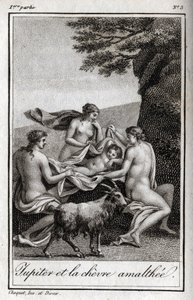 Keçi Amalthee tarafından beslenen Jüpiter çocuğu. Charles Albert Demoustier (1760-1801) tarafından "Lettres a Emilie sur la mitolojisinde" 1819