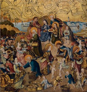 ""Beş Somun ve İki Balık Mucizesi"" Ahşap üzerine anonim resim, yaklaşık 1500 (Beş Somun ve İki Balık Mucizesi Anonim tarafından) c 1500 - Ahşap üzerine yağlı boya, 68.9x62.7 - Özel Koleksiyon by Anonymous Anonymous