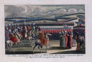 ""Osmanlı padişahı III. Selim (1761-1808) yeni piyadesini gözden geçiriyor"" Anonim gravür 1806 Özel koleksiyon by Anonymous Anonymous