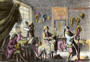 Louis XV modası: bir peruk kuaförünün iç görünümü. 1755 civarında gravür. Özel koleksiyon by Anonymous Anonymous