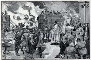 Moskova, Kaluga banliyösünde yangın: Ortodoks din adamları şehri korumak için Kutsal Görüntüleri (Kutsal Görüntüler) sunan ve yangına müdahale eden itfaiyeciler. 1892 tarihli “Le monde illustree”deki gravür. Özel koleksiyon. by Anonymous Anonymous