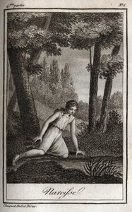 Narcisse kendi yansımasını düşünürken (Narciso) 1819 gravürü Charles Albert Demoustier (1760-1801) tarafından "Lettres a Emilie sur la mitoloji”de. Özel koleksiyon. by Anonymous Anonymous