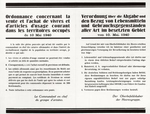 “” İşgal Altındaki Topraklarda Yiyecek ve Ortak Amaçlı Eşyaların Satışı ve Satın Alınmasına İlişkin Yönetmelik” - Fransızca-Almanca iki dilli afiş by Anonymous Anonymous