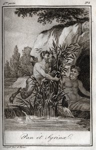 Pan ve su perisi Syrinx sazlara dönüştü (Pan ve Nymph Syrinx). Charles Albert Demoustier (1760-1801) tarafından "Lettres a Emilie sur la mitolojisinde" 1819