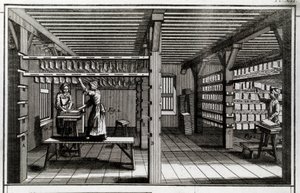 Kağıt fabrikası: kurutma aşaması. 18. yüzyıl gravürü. Özel koleksiyon by Anonymous Anonymous