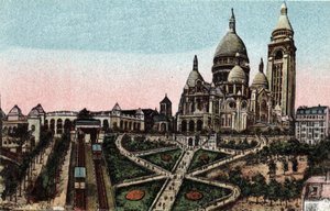 Paris: Butte Montmartre üzerindeki Sacre Coeur (Sacre-Coeur) füniküleri ve Bazilikası. Paris şehrinin “Sanatsal Albümü”ndeki 1920 fotoğrafı. Özel koleksiyon. by Anonymous Anonymous