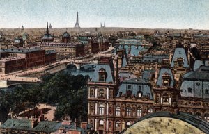 Paris: Arka planda Eyfel Kulesi ile Seine üzerindeki Huits Köprülerinin panoraması. Paris şehrinin “Sanatsal Albümü”ndeki 1920 fotoğrafı. Özel koleksiyon. by Anonymous Anonymous