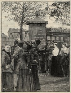 Kamu hijyeni: Paris sakinleri, 15. bölgede kurulu filtreli su çeşmelerinden birini kullanıyor. Bu çeşmelerde Chamberland Pasteur sistem filtresi bulunur. 1892 tarihli “Le monde illustree”deki gravür. Özel koleksiyon. by Anonymous Anonymous