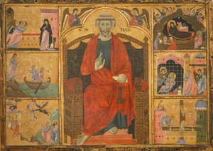 İncil sahneleriyle çevrili bir tahtta Aziz Petrus (ahşap üzerine resim) by Anonymous Anonymous