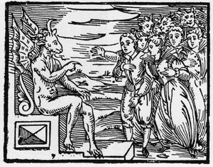Şeytan yeni büyücülerden bir anlaşma talep ediyor - “Compendium Maleficarum”, cadılarla, onların kötülükleriyle ve onların sortileriyle uğraşıyor Francesco Maria Guazzo veya Guaccio veya Guaccius (15?? -16??) 1608 Özel Koleksiyon by Anonymous Anonymous