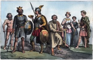 Sakson savaşçısı ve Anglo Saksonlar - Sakson savaşçısı ve Anglo Saksonlar - Evrenin Tüm Halklarının “” Gümrük ve Geleneklerinden gravür. Bu, hükümetin, yasaların, milislerin, en eski zamanlardan bu yana tüm ulusların dininin tarihidir. by Anonymous Anonymous