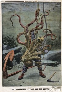 Scaphandler bir ahtapot tarafından saldırıya uğradı. Gravür, 16/06/1912 tarihli “Le petit Journal””. Özel koleksiyon. by Anonymous Anonymous