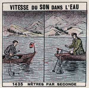 Ses enerjisi: sesin sudaki hızı. Jean Daniel (Jean-Daniel) Colladon (1802-1893) ve Charles Francois Sturm (1803-1855) tarafından Cenevre Gölü (Leman Gölü) üzerinde 1826-1827 deneyimi. 14 km arayla demirlemiş iki tekne, teknelerden biri bir zili, bir çekiç  by Anonymous Anonymous