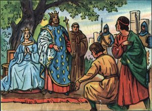 Fransa Kralı Saint Louis (Louis IX 1214-1270), Bois de Vincennes meşesinin altında adaleti yerine getiriyor. “Fransa Hükümdarları ve Devlet Başkanları Koleksiyonu”nda anonim illüstrasyon. 20. yüzyıl. Özel koleksiyon. by Anonymous Anonymous