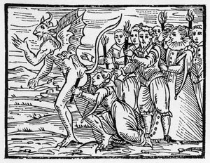 Şeytanın kalçasındaki Şabat ayini öpücüğü - “Compendium Maleficarum”, cadılar, onların talihsizlikleri ve Francesco Maria Guazzo veya Guaccio veya Guaccius (15?? -16??) 1608 Özel Koleksiyonu ile ilgilenir.