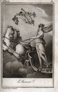 Şafak (Apollo güneşin arabasını yönlendirir). Gündoğumu alegorisi. Charles Albert Demoustier (1760-1801) tarafından "Lettres a Emilie sur la mitolojisinde" 1819