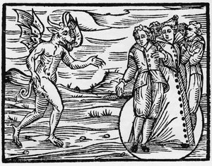 Şeytan, onu kendisiyle bir anlaşma yapmaya zorlayanları mecbur kılar - “Compendium Maleficarum”, cadılar, onların kötülükleri ve onların saldırıları ile ilgilenir Francesco Maria Guazzo veya Guaccio veya Guaccius (15?? -16??) 1608 Özel Koleksiyon by Anonymous Anonymous