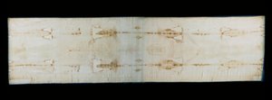 The holy shroud of Turin (or shroud or sacra sindone), linen sheet showing traces (supposedly those of Christ) of torture of a body. Royal Chapel of the Cathedrale Saint John the Baptist of Turin, Italy. - The Holy Shroud of Turin (sacra sindone), old line