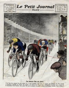 Altı günlük yarış: Sprint sırasında Piet van Kempen (1898-1985), Alfred Grenda, Seres ve Maurice Brocco (1883-1965). Le Petit Journal illustre