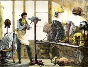 Peruk, erkek kuaförü olan bir katoganın perukunu şekillendiriyor. Ayna şovlarından, mektuplardan, ilaçlardan vb. Gravür Sanat”” 1821-1823 Özel koleksiyon by Anonymous Anonymous