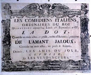 İtalyan komedyenler tarafından seslendirilen “Nokta” ve “Kıskanç aşık” adlı eseri sunan tiyatro afişi, 01/09/1788. Paris. Karnaval Müzesi by Anonymous Anonymous