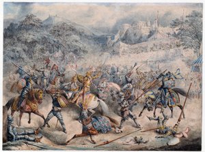 Tournoi (Moyen yaşı) - Atlı şövalyeler turnuvası - Anonim - 1840 - Renkli litografi - 20,3x30,5 - Özel Koleksiyon by Anonymous Anonymous