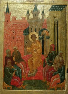 Doktorlar arasında Prepolowenie İsa, 15. yüzyıl by Anonymous Russian icon painter