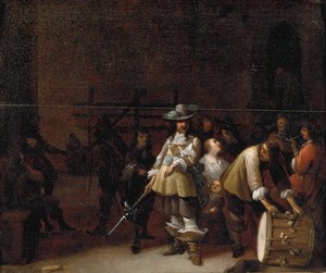 Bir davulcu ile sohbet eden bir süvari ile bir muhafız odası iç by Anthonie Palamedesz