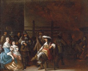 Bir anne ve çocukla sohbet eden bir süvari ile bir muhafız odası iç by Anthonie Palamedesz