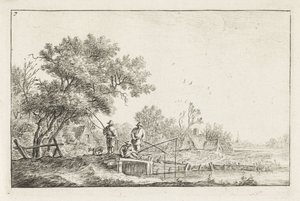 Bir köprüde üç balıkçı Binaların olduğu manzaralar (dizi başlığı) by Anthonie Waterloo