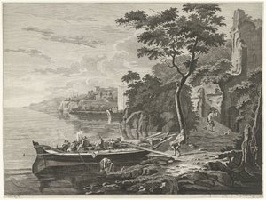 Bir dağ manzarasında bir mavna ile rakamlar by Anthonij van der Haer