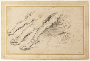 Sağ kolunu uzatmış öne doğru eğilmiş bir adam figürü; aynı figür için sağ kolun üç çalışması ve sol elden biri (kağıt üzerinde tebeşir) by Anthony van Dyck