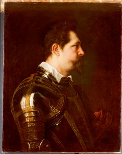 Beyaz yakalı ve kırmızı kuşaklı, damascend zırhlı, göğüs uzunluğunda genel bir portre by Anthony van Dyck