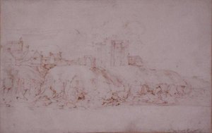 Güneyden görülen Ypres Kulesi, Çavdar, (kağıt üzerinde kalem ve mürekkep) by Anthony van Dyck