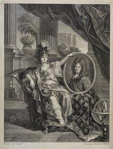 Louis XIV, Fransa Kralı, Bilimlerin Koruyucusu - Antoine Coypel Kraliyet Bilimler Akademisi Tarihi, yıl 1703 tarafından gravür by Antoine (after) Coypel