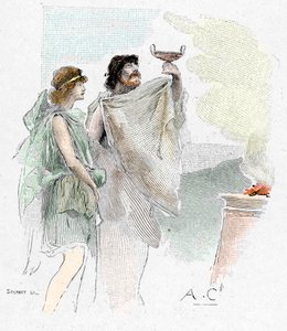 Odyssee d'Homere: “”” Nestor oğlu Pisistrate, Pylos'ta bir Telemaque'a bir bardak şarap teklif eder” (Nestor'un oğlu Peisistratus (Peisistratos veya Pisistratus), Pylos'ta telemachus'u bir bardak şarapla karşılar) İllüstrasyon, Anto