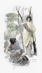 Odyssee d'Homere: ilahi XIII: Athena deguisee, genç bir çoban olarak Ulysses a Ithaque'ı karşılar (Homer tarafından Odyssey: Odysseus, Ithaca'ya döner ve çoban çocuğu kılığında Athena ile tanışır) Antoine Calbet'nin (1860-1944) “Odyssee” iç by Antoine Calbet