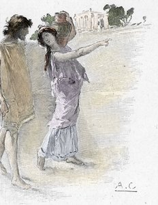 Odyssee d'Homere: şarkı VII: Homeros'tan Odyssey: Alcinoos (Alkinous) sarayına genç bir kız kılığında gelen Athena'nın yardım ettiği Odysseus) Yunan şair Homere'nin (Dyssey) “Odyssee” için Antoine Calbet'nin (1860-1944) illüstrasyonu Ho by Antoine Calbet