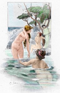 Homere Odyssee: “Kral Alcinous'un kızı Nausicaa ve nehirde çamaşırlarını yıkayan hizmetçileri” Yunan şair Homere'nin “Odyssee” için Antoine Calbet'nin (1860-1944) illüstrasyonu (Homer tarafından Odyssey) 1897 Özel koleksiyon by Antoine Calbet
