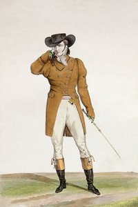 Kayık şeklinde bir şapka, boz renkli bir ceket ve güderi pantolon giymiş bir Dandy, Georges Jacques Gatin (1773-183) tarafından oyulmuş moda plakalarının 