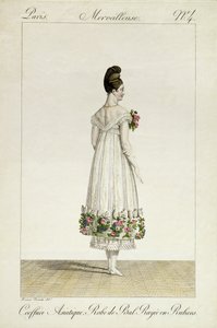 Kurdelalarla süslenmiş balo elbisesi içinde Asya saç stiline sahip bir Lady, Georges Jacques Gatin (1773-1831) tarafından oyulmuş moda plakalarının 