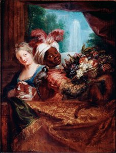 Genç kız bir köpeği okşuyor ve siyah bir hizmetçi meyve sepeti sunuyor Küçük bir maymun omzunda yatıyor. Antoine Coypel (1661-1722) Sun tarafından tablo. 28x21,5 cm Paris, Louvre Müzesi