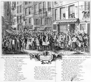 Investors in front of the Banque Royale headquarters in the Rue Quincampoix, Paris, 1720  by Antoine Humblot