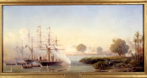 Cochinchine seferinin bir bölümü: “” Fransız-İspanyol seferi kuvvetine komuta eden Koramiral Rigault de Genouilly tarafından Saygon kalesinin ele geçirilmesi 17/02/1859”” Antoine Leon Morel Fatio (1810-1871) 1859 Sun. 0,83x1,82 m