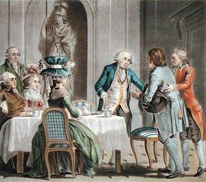 Comte de Vaux (1705-88) bir çiftçiye yiyecek ve içecek sunuyor, Jean Baptiste Morret (fl.1790-1820) tarafından oyulmuş