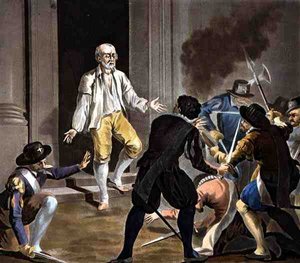 Gaspard de Coligny'nin Ölümü, Jean Baptiste Morret tarafından oyulmuş (fl.1790-1820) 1788 (renkli gravür)