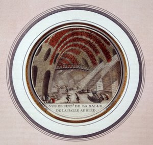 1763 ve 1766 yılları arasında Le Camus de Mézières tarafından inşa edilen yeni pazar salonunun iç görünümü, bugün Paris